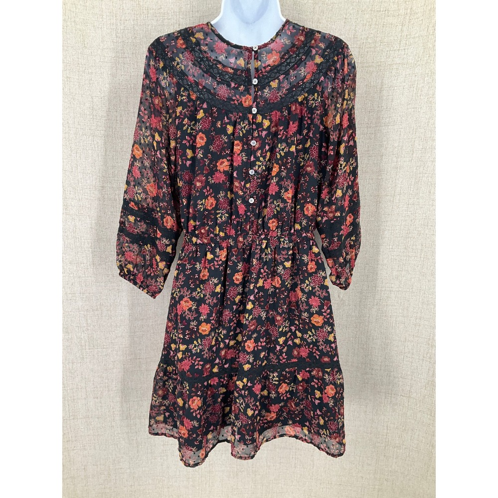 LOFT Dress Women S Black Floral Lace Trim Boho Tiered Mini Romantic Date Night